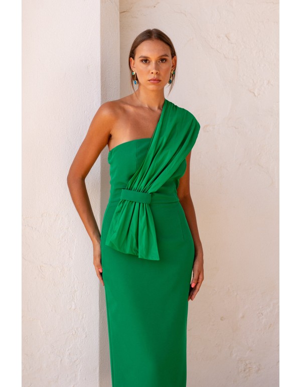 Asymmetrical pleated neckline green midi guest dress 2