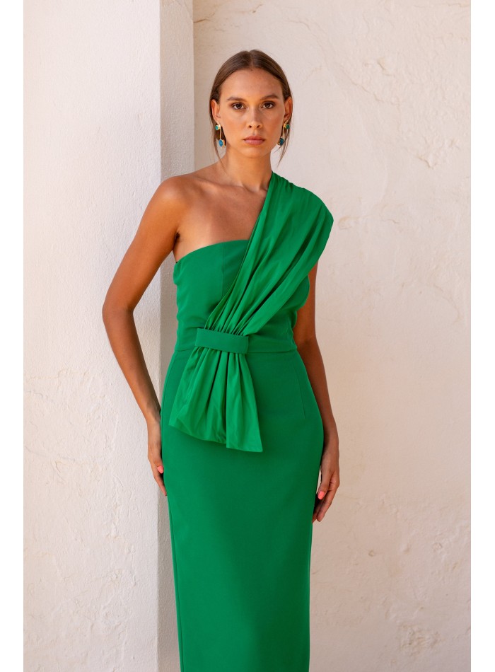 Asymmetrical pleated neckline green midi guest...