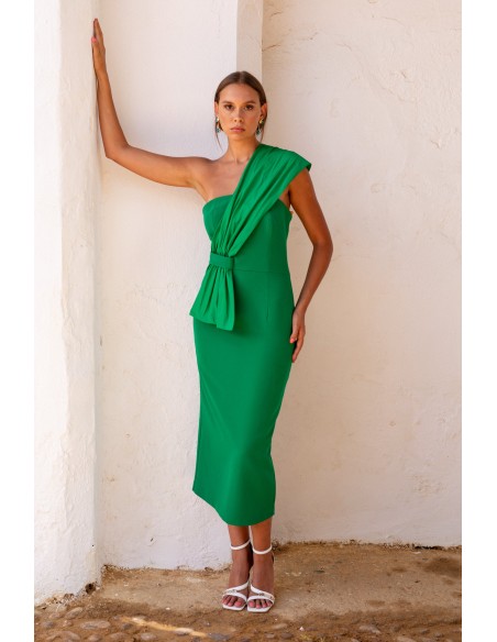 Asymmetrical pleated neckline green midi guest dress