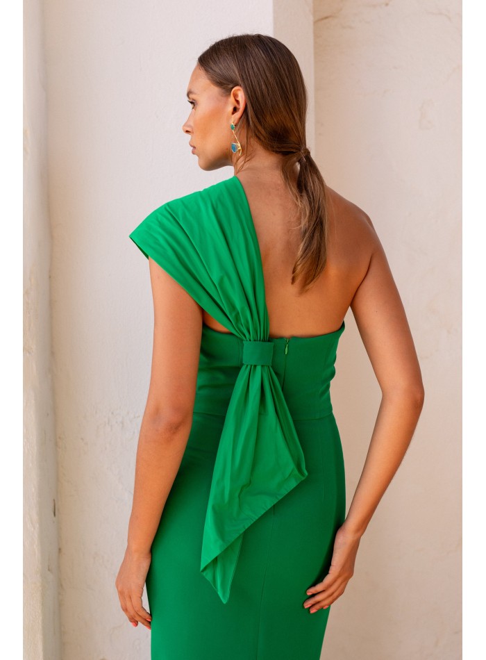 Asymmetrical pleated neckline green midi guest...