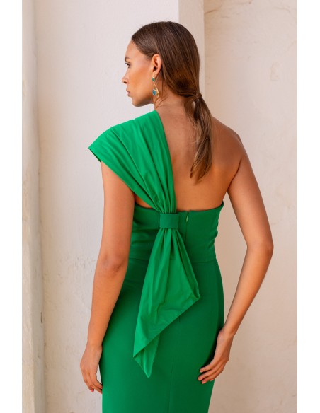 Asymmetrical pleated neckline green midi guest dress