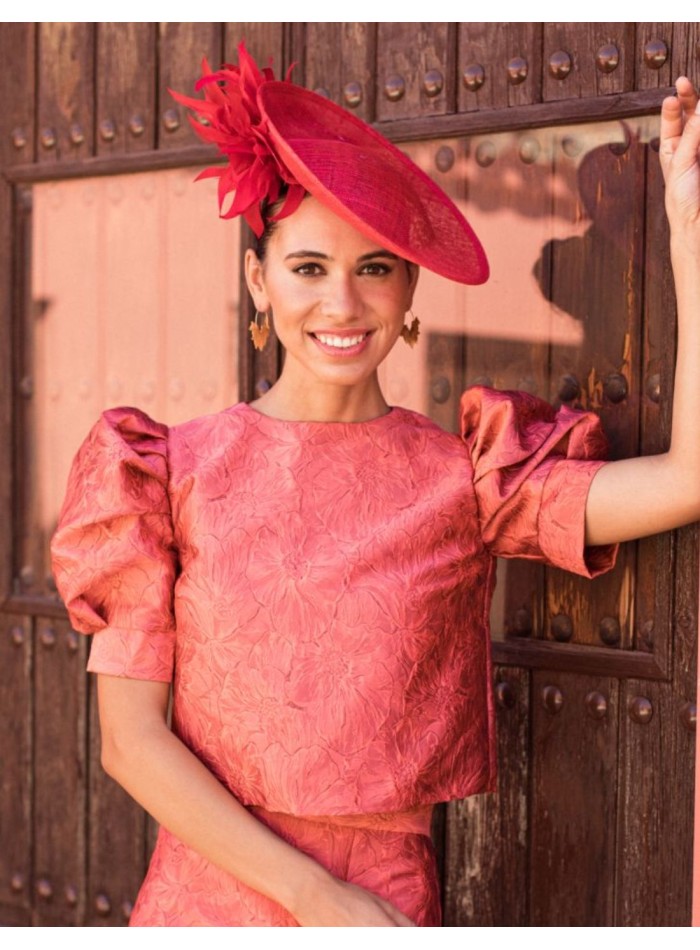 Floral coral brocade top with short puffed sleeves