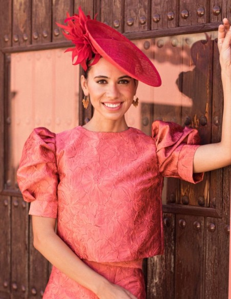 Floral coral brocade top with short puffed sleeves