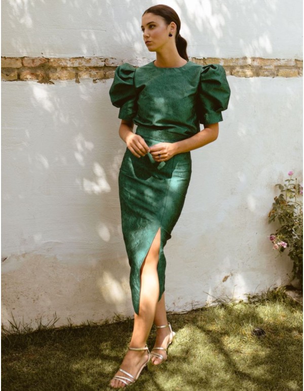Falda midi verde botella brocada con abertura lateral