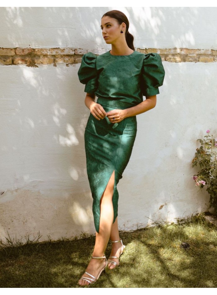 Falda midi verde botella brocada con abertura lateral