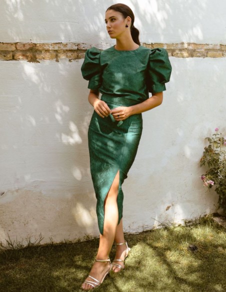 Green bottle green brocade midi skirt with side slit