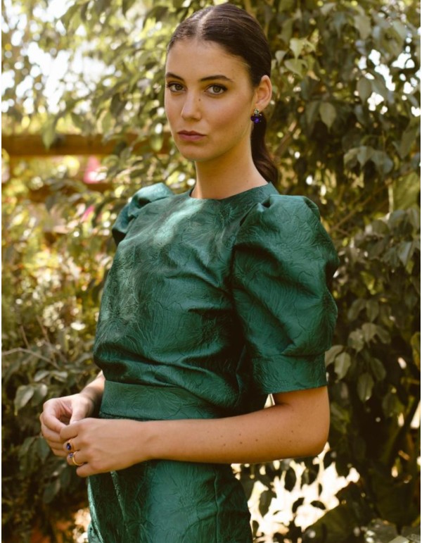 Bottle green floral brocade top with short puffed sleeves