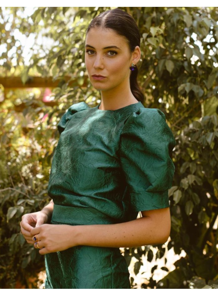 Bottle green floral brocade top with short...