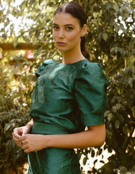 Bottle green floral brocade top with short puffed sleeves