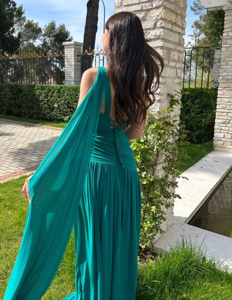 Long gown with draped bodice and cape sleeves