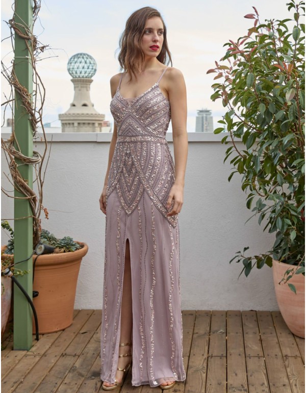 Vestido largo de fiesta con abertura central y tirante fino