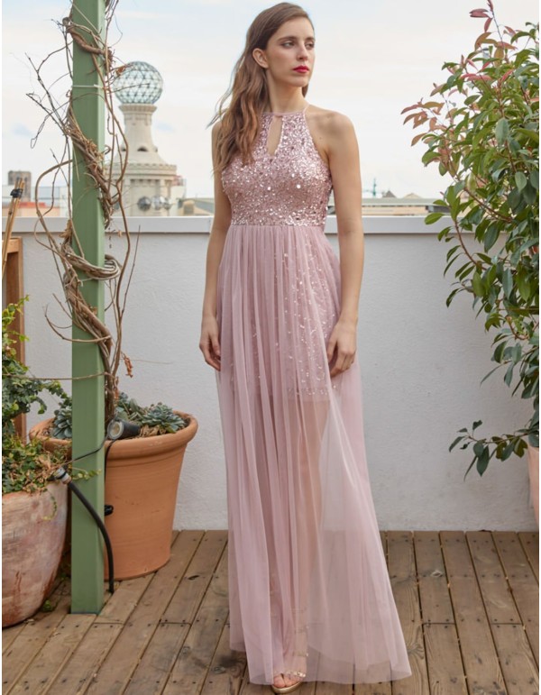 Vestido de fiesta largo con escote lágrima y sobrefalda