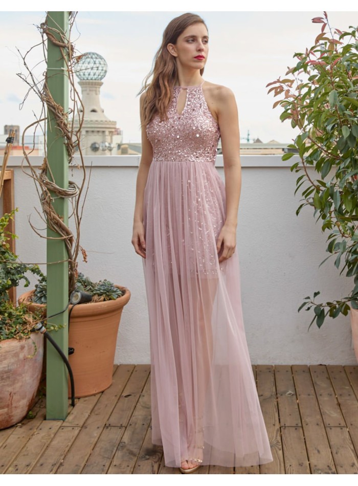 Vestido de fiesta largo con escote lágrima y sobrefalda