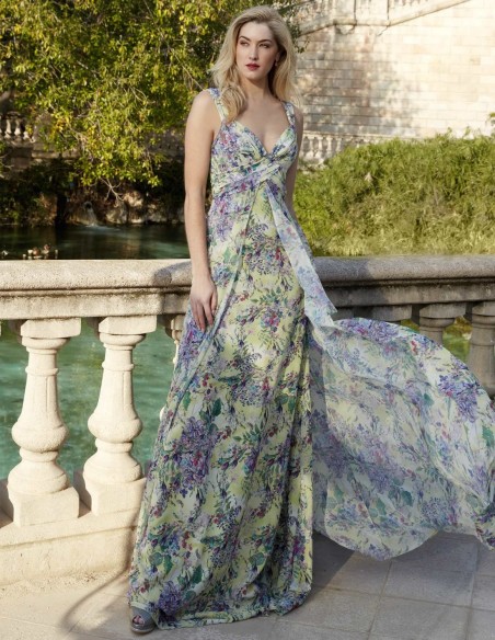 Vestido largo de fiesta estampado floral de gasa