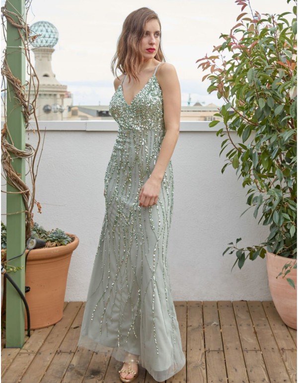 Robe de soirée menthe avec décolleté et paillettes