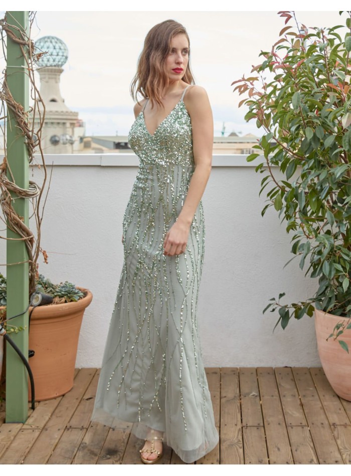 Mint party dress with neckline and sequins