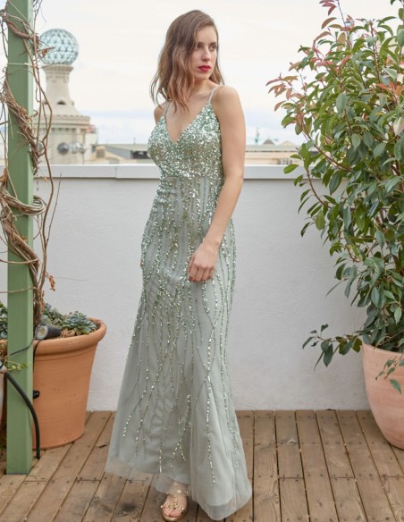 Robe de soirée menthe avec décolleté et paillettes
