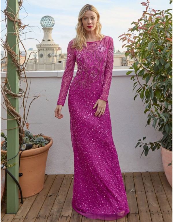 Vestido de fiesta largo con lentejuelas y transparencias