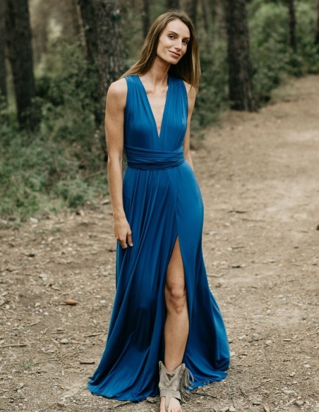 Multi-position long party dress with side slit