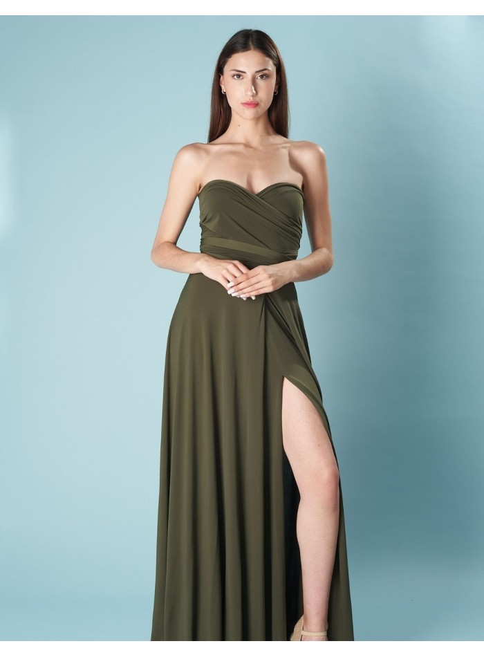 Multi-position long party dress with side slit