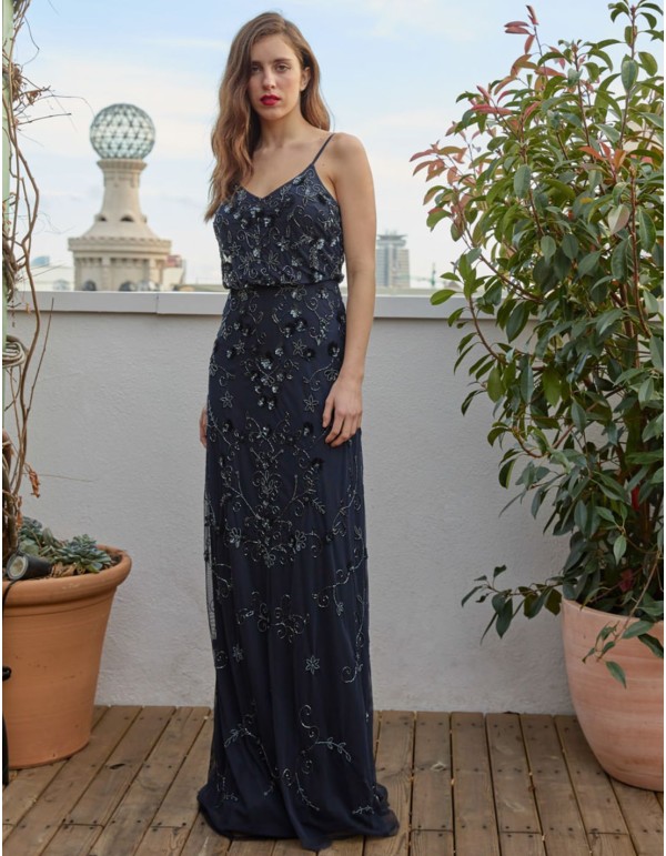 Vestido largo de fiesta con lentejuelas y flores azul marino