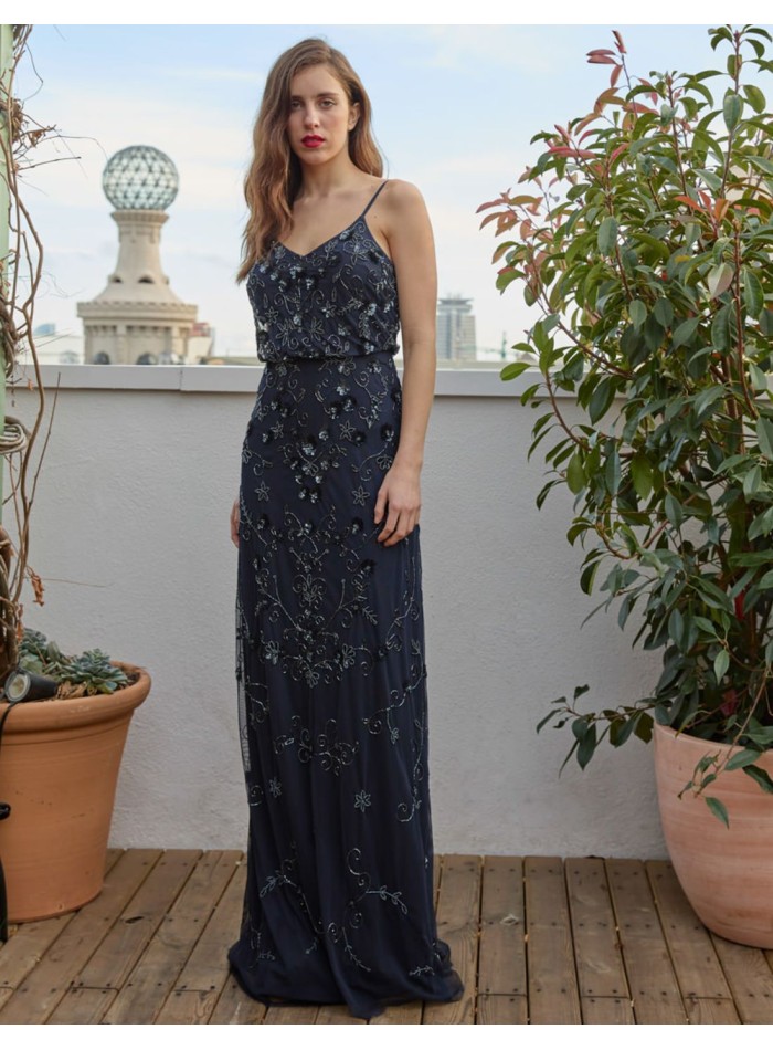 Robe de soirée longue avec paillettes et fleurs