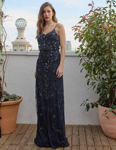 Robe de soirée longue avec paillettes et fleurs