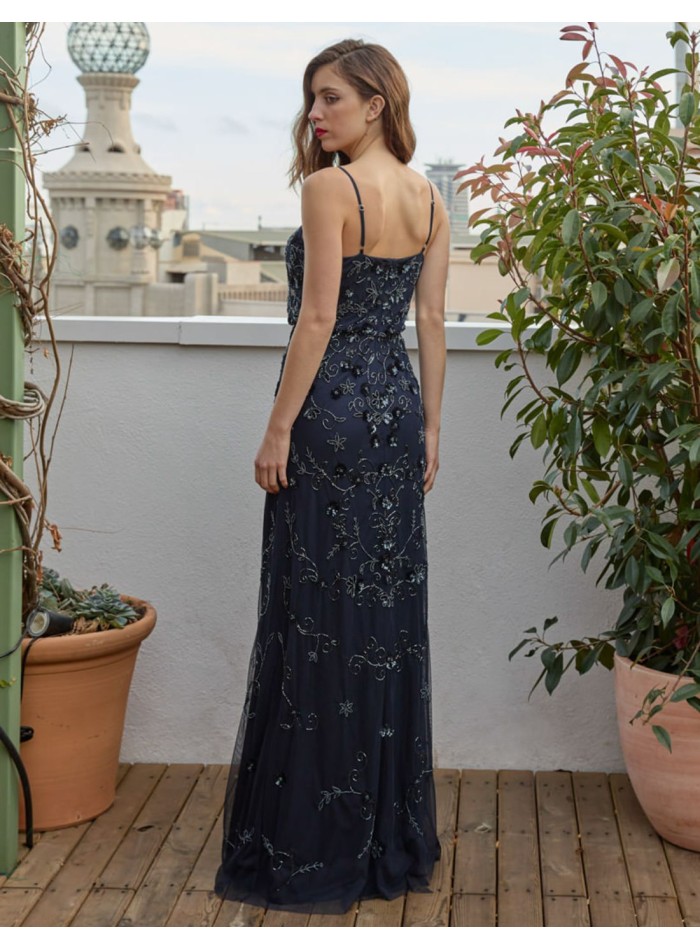 Robe de soirée longue avec paillettes et fleurs