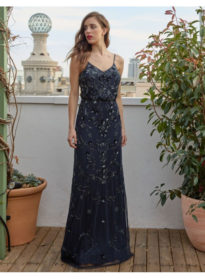 Long party dress with sequins and flowers