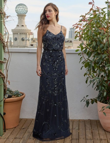 Long party dress with sequins and flowers