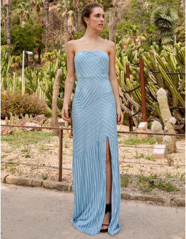 Strapless light blue long party dress with cape sleeves 2