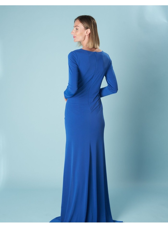 Vestido de fiesta largo con manga larga y abertura lateral azul