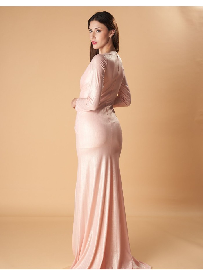 Long party dress with long sleeves and side slit