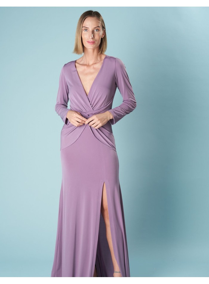 Long party dress with long sleeves and side slit