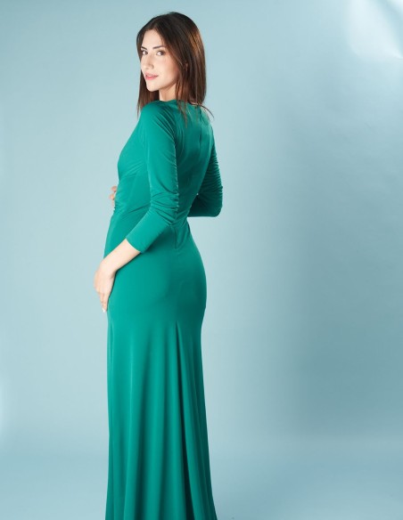 Vestido de fiesta largo con manga larga y abertura lateral verde esmeralda