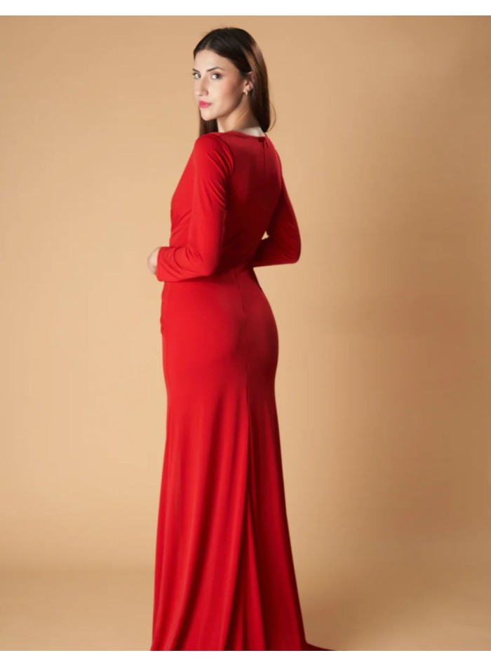 Long party dress with long sleeves and side slit