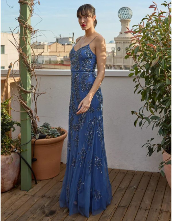 Robe de soirée longue avec bretelles et strass