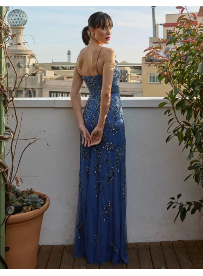 Long party dress with straps and rhinestones