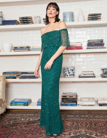 Vestido verde largo de fiesta escote bardot con pedreria