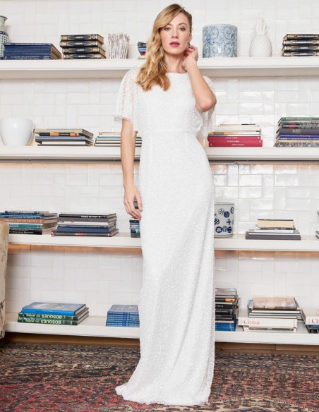 Long party dress with rhinestones and short sleeves