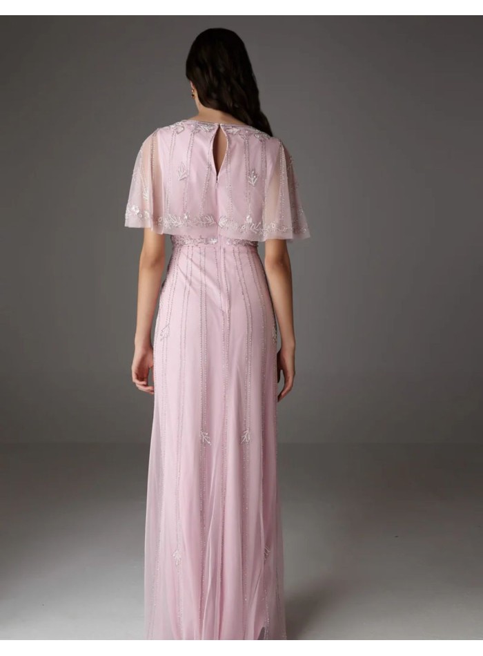 Long pink party dress with cape sleeves