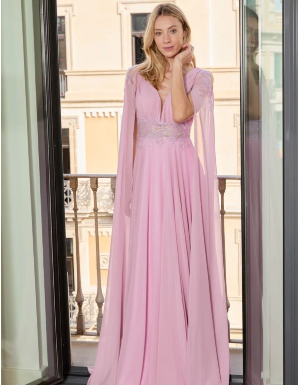 Long lavender party dress with cape sleeves and embroidery 2