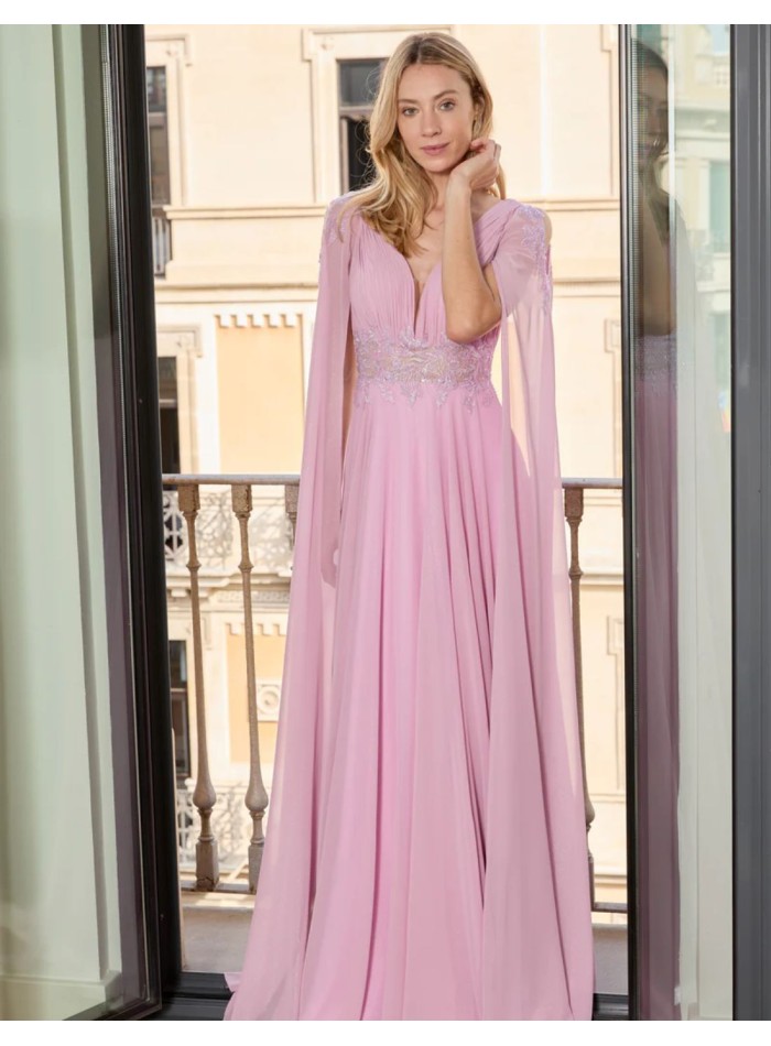 Long lavender party dress with cape sleeves and...