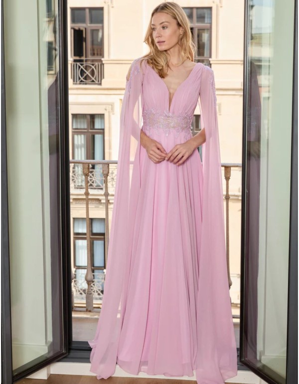 Long lavender party dress with cape sleeves and embroidery