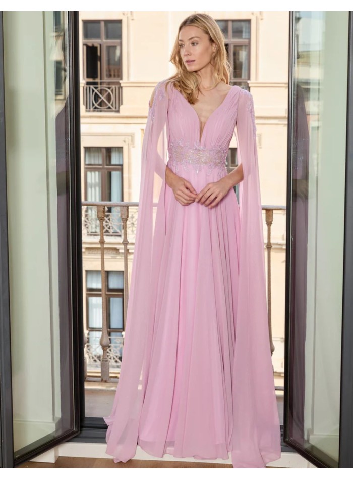 Longue robe de soirée lavande avec manches cape...