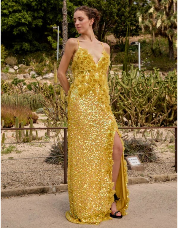 Longue robe de soirée jaune avec fleurs en tulle et... 2