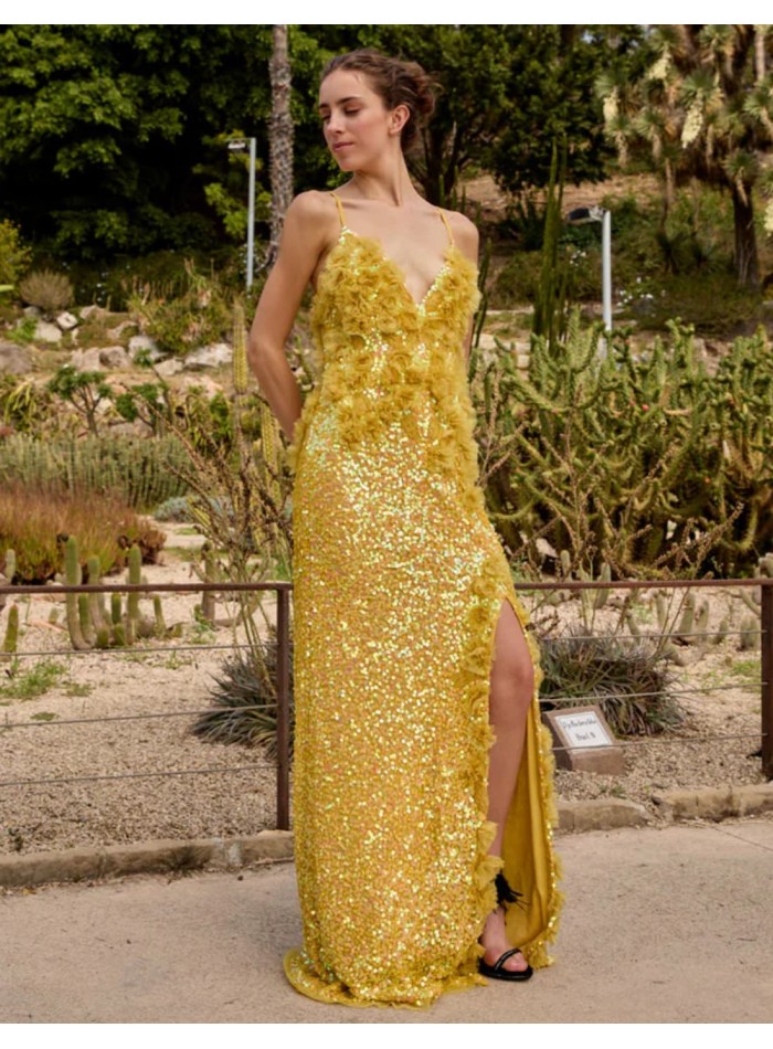 Long yellow party dress with tulle flowers and...