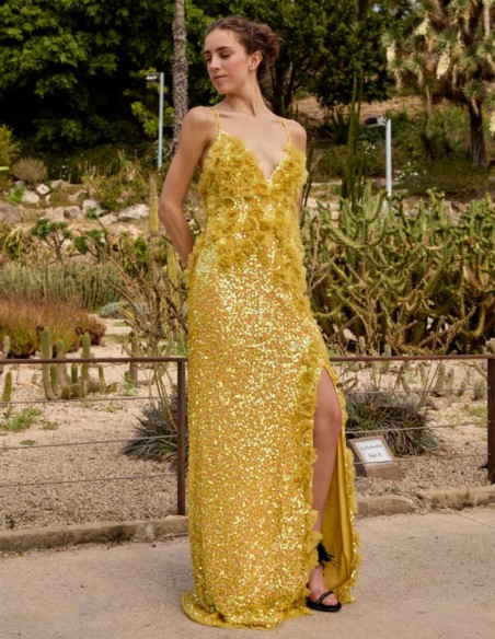 Long yellow party dress with tulle flowers and sequins