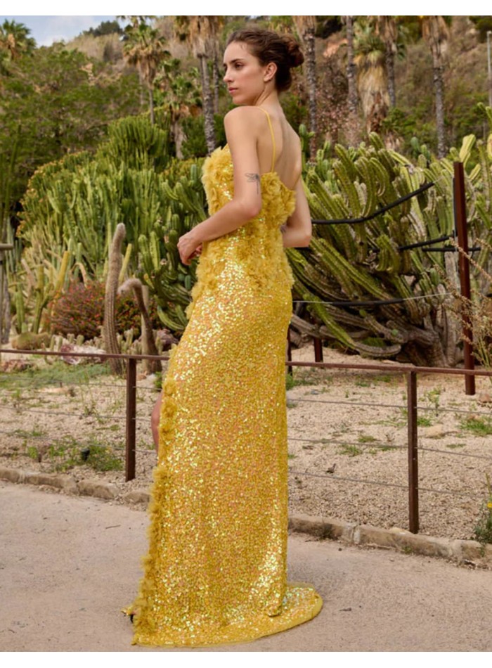 Long yellow party dress with tulle flowers and...