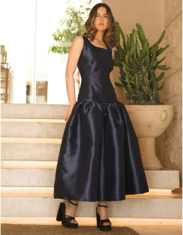 Navy blue midi party dress with maxi mikado flounce